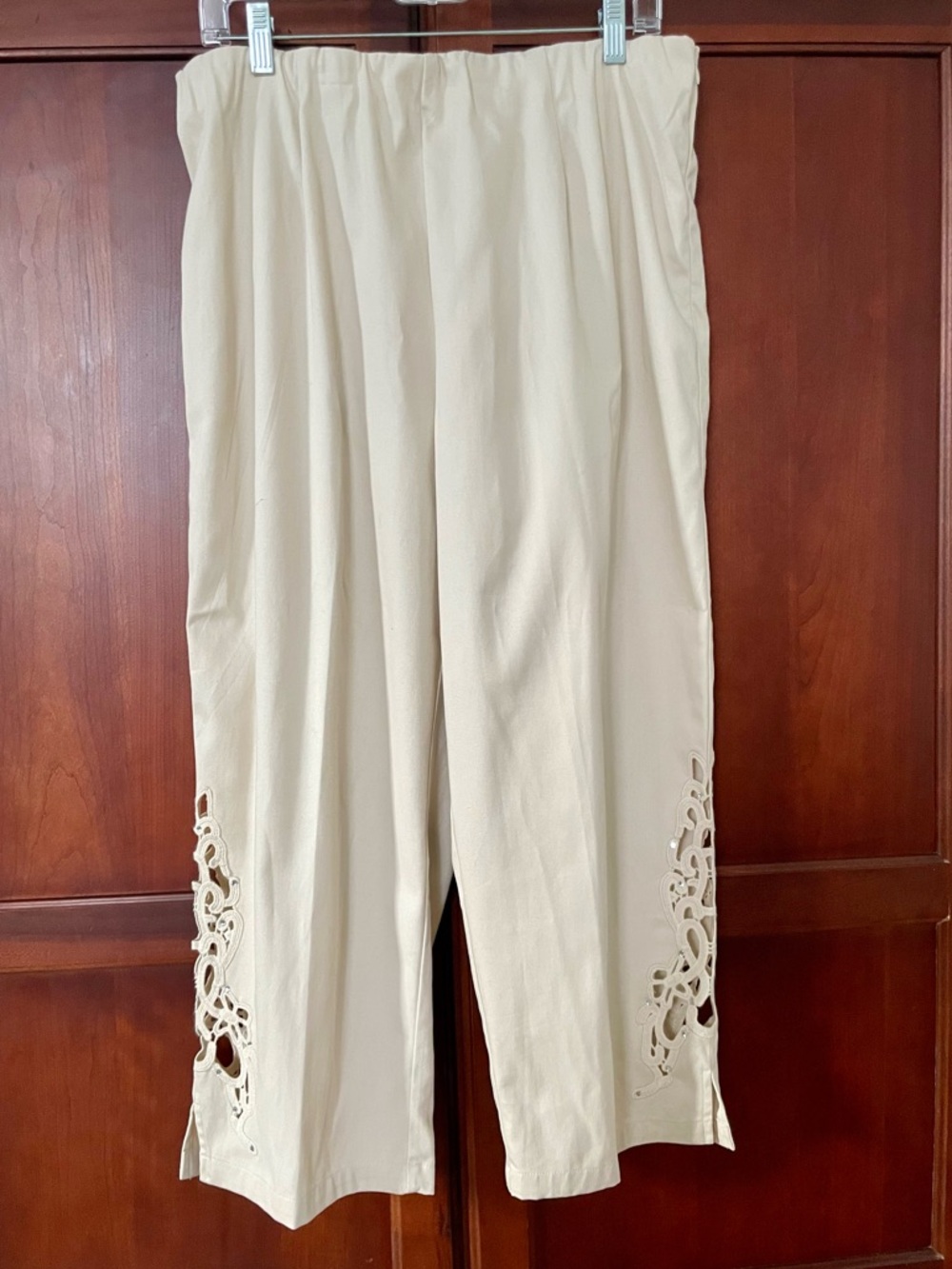 Susan Graver Cream Cropped Wide-Leg Pants with Cutout Hem